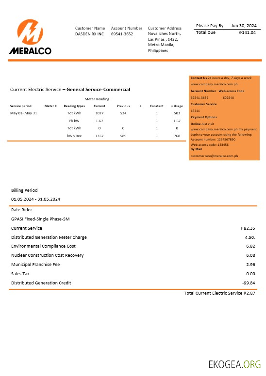 Modèle Word et PDF de facture de services publics d'électricité de la Philippines Manila Electric Company (Meralco)